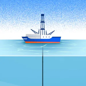 An illustration of a ship drilling into the seafloor. The ship is atop 850 meters of water and has drilled more than 1200 meters into a cache of mantle rocks beneath the ocean floor.