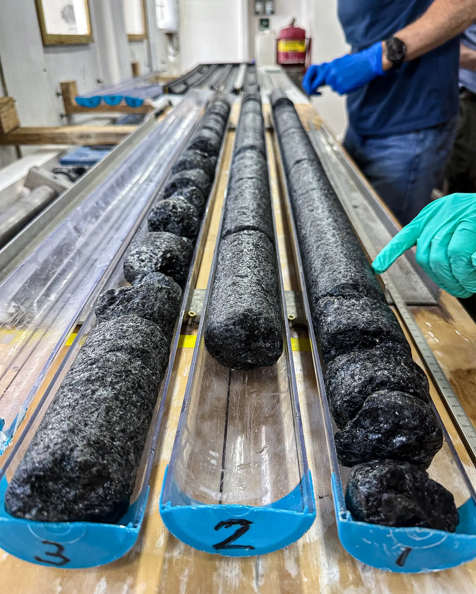 Sections of freshly retrieved mantle cores. The cores are dark and cylindrical.