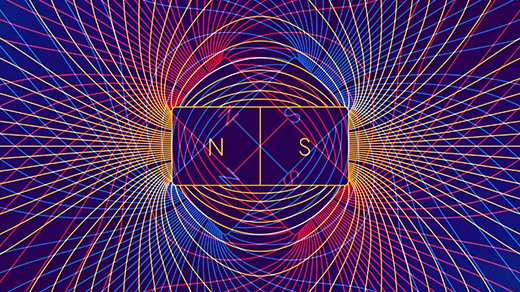 An illustration of magnetic fields lines erupting from a central magnet. Colored yellow and red, the field lines criss-cross and overlap, creating a grid-like pattern.