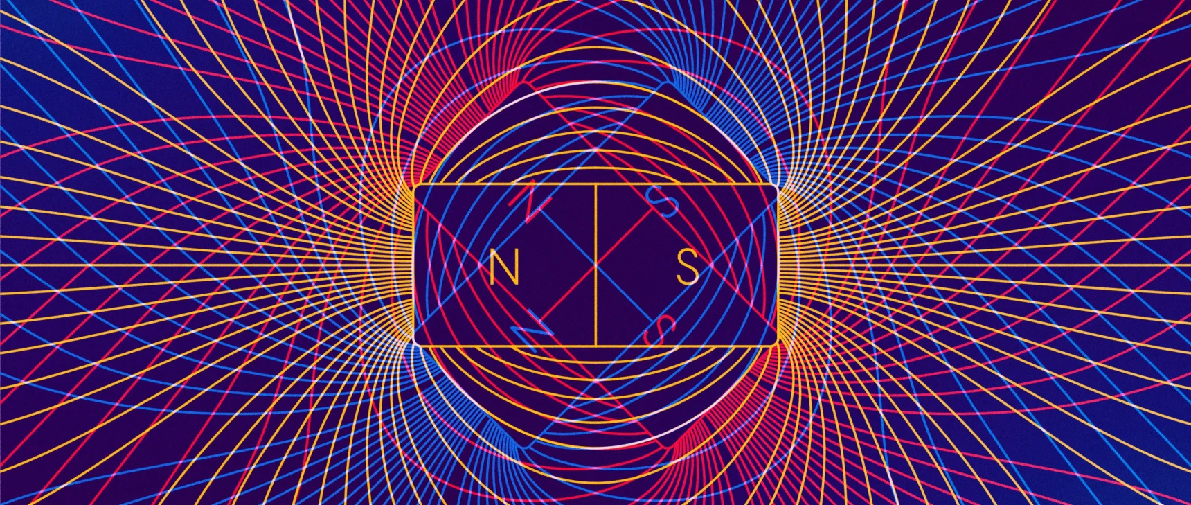 An illustration of magnetic fields lines erupting from a central magnet. Colored yellow and red, the field lines criss-cross and overlap, creating a grid-like pattern.