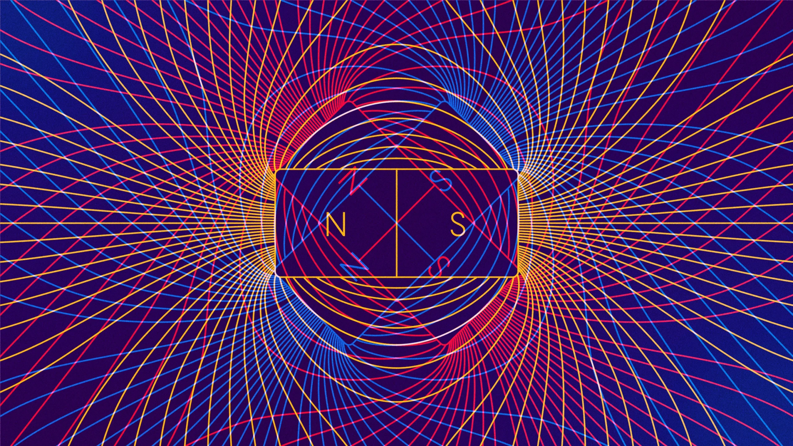 An illustration of magnetic fields lines erupting from a central magnet. Colored yellow and red, the field lines criss-cross and overlap, creating a grid-like pattern.