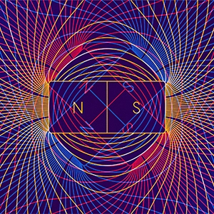 An illustration of magnetic fields lines erupting from a central magnet. Colored yellow and red, the field lines criss-cross and overlap, creating a grid-like pattern.