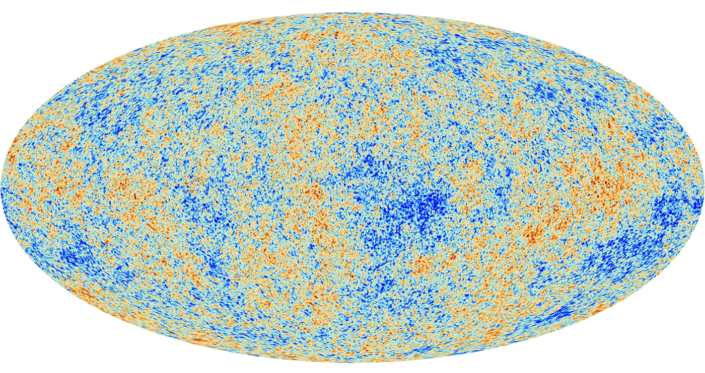 An image of the cosmic microwave background. It looks like an oval filled with colorful static in shades of yellow, orange and blue.