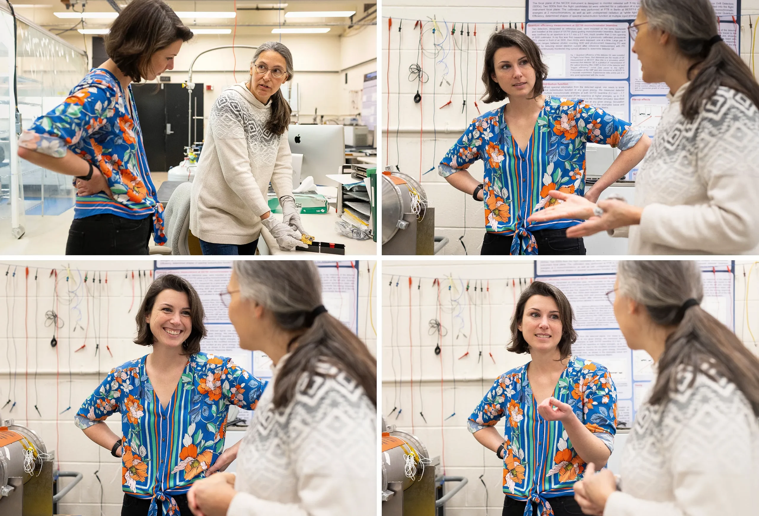 Four images. In each, Kara is talking with LaMarr. They’re in a lab, surrounded by equipment. A scientific poster is on the wall behind them.