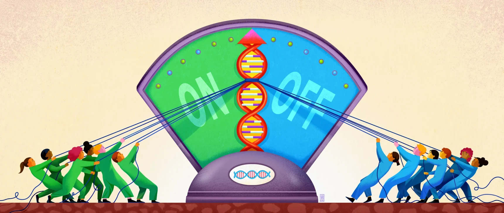 Illustration of a double helix-shaped needle on a gauge that is being pulled toward reading either ON or OFF by two opposing groups of human figures.