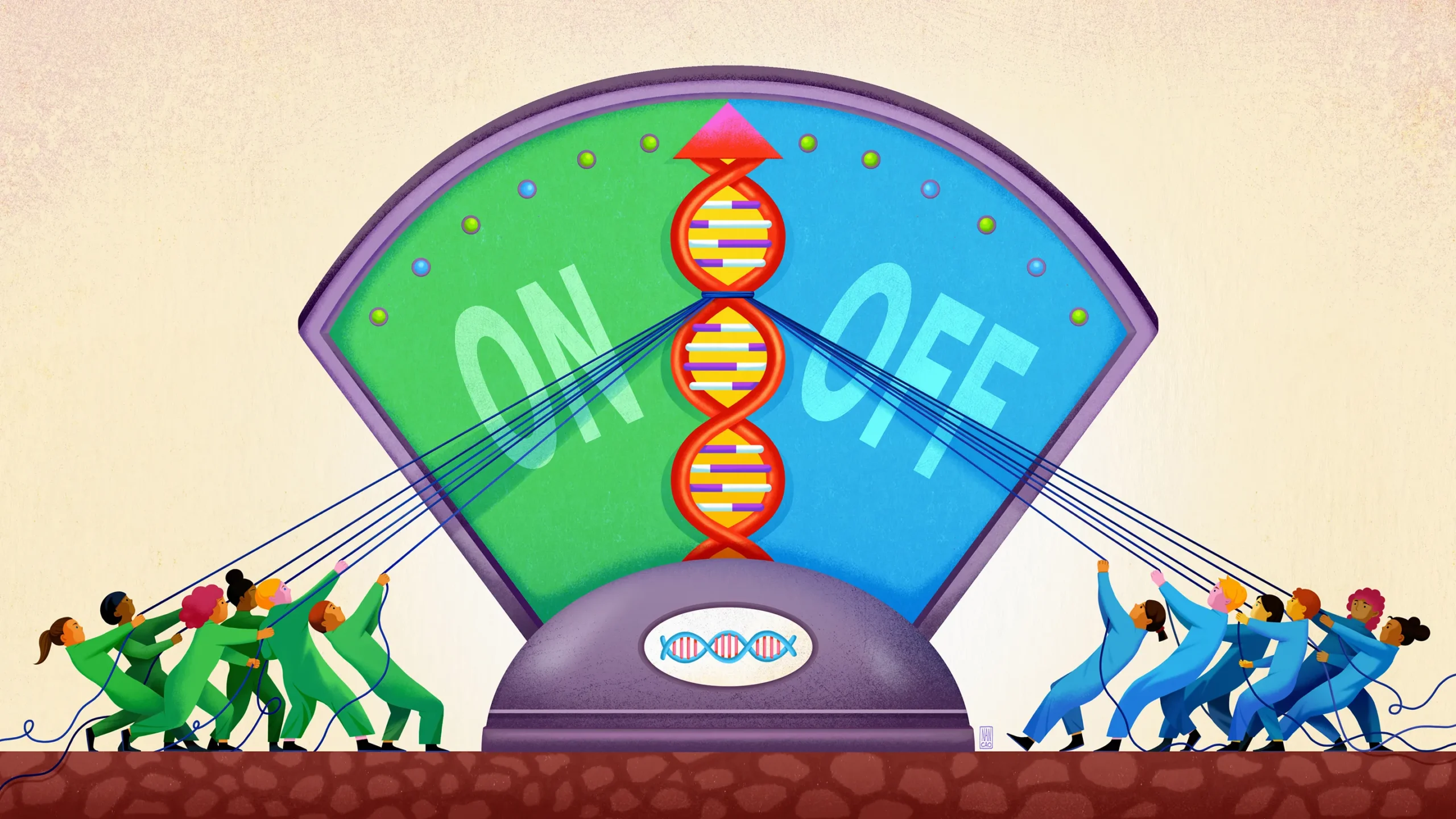 Illustration of a double helix-shaped needle on a gauge that is being pulled toward reading either ON or OFF by two opposing groups of human figures.