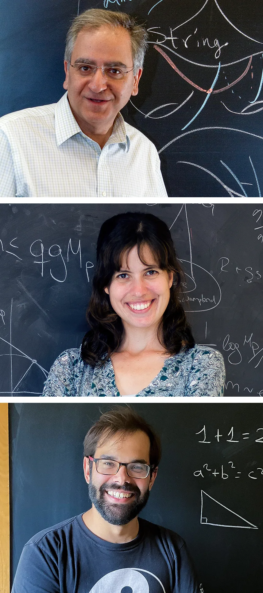 Three images. At left, Cumrun Vafa is standing in front of a blackboard filled with diagrams and equations; in the center is Irene Valenzuela, wearing a blue shirt and smiling; at right is Miguel Montero, who is smiling with his arms crossed.