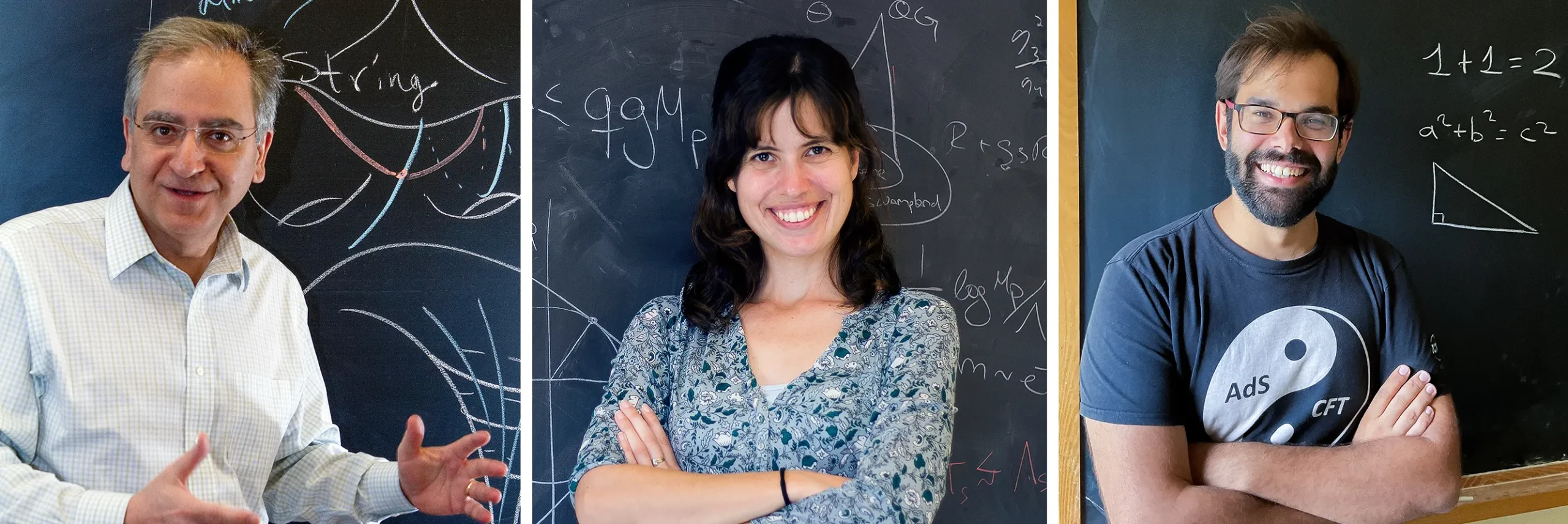 Three images. At left, Cumrun Vafa is standing in front of a blackboard filled with diagrams and equations; in the center is Irene Valenzuela, wearing a blue shirt and smiling; at right is Miguel Montero, who is smiling with his arms crossed.