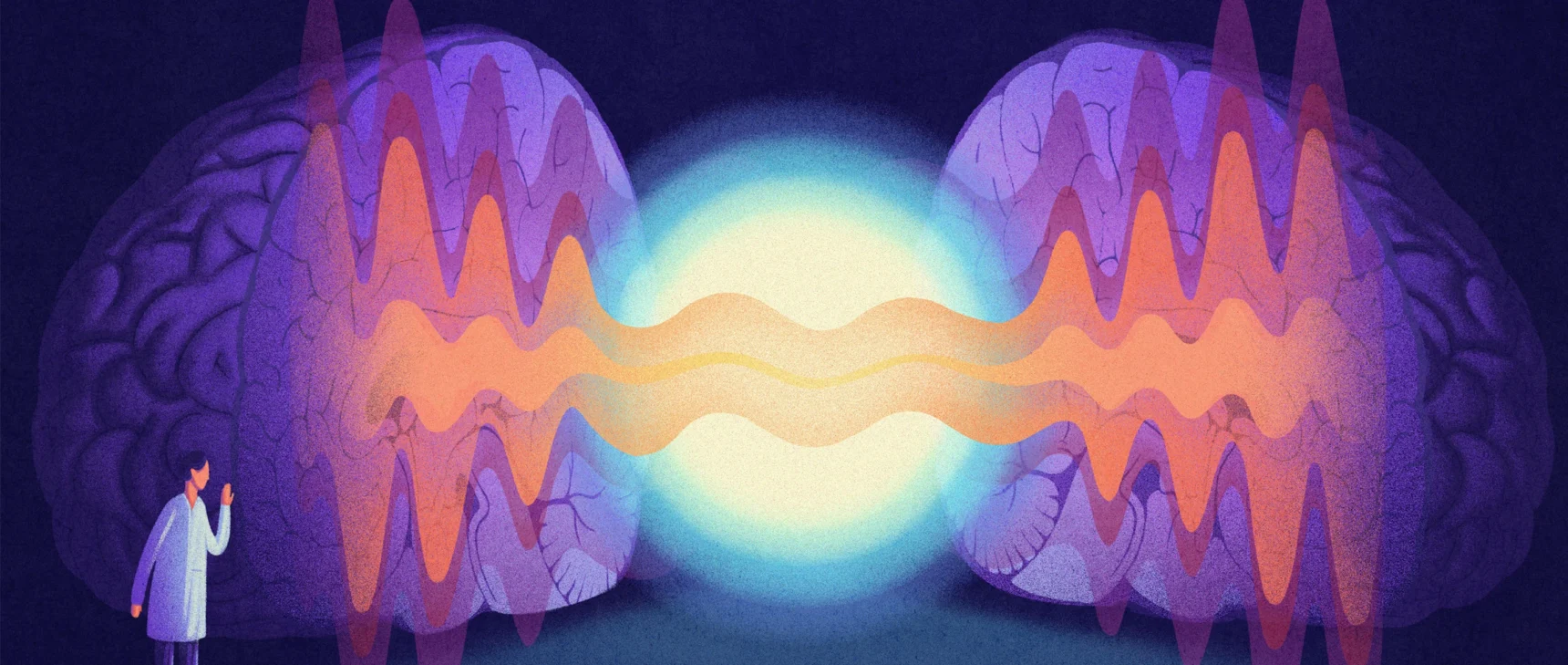 An illustration shows a bright ball of light slowing down brain waves.