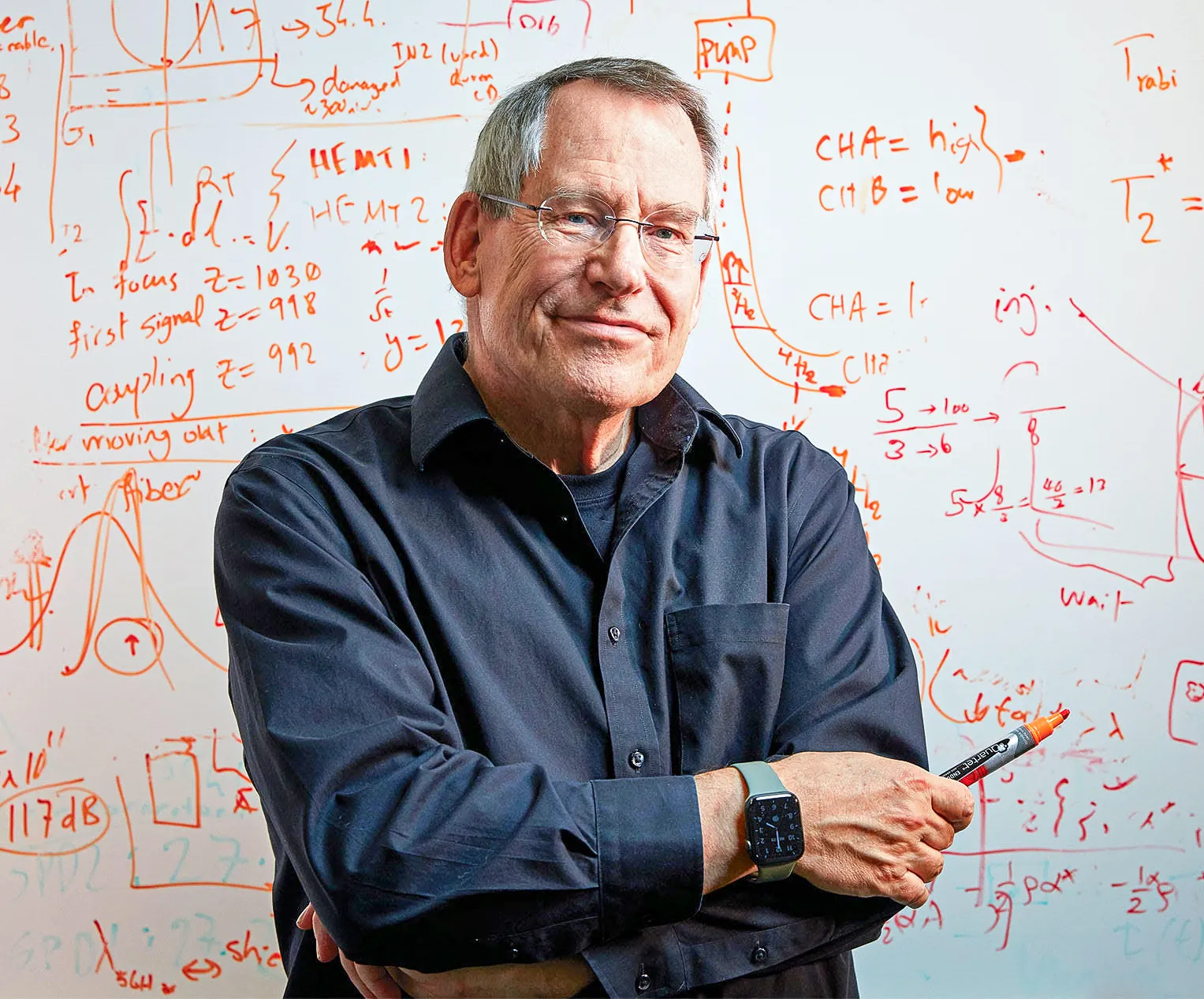 John Preskill in a blue shirt in front of a white board filled with orange equations and figures.