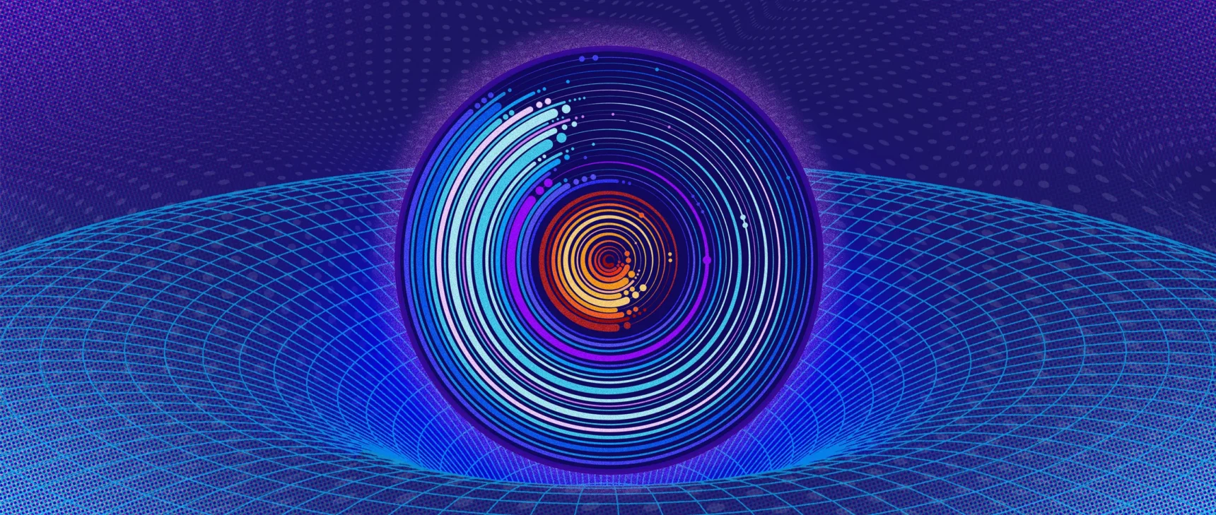 A disk features swirling red and orange lines in the central region and blue and pink lines nearer the edge. The disk appears to bend the space-time fabric around it.