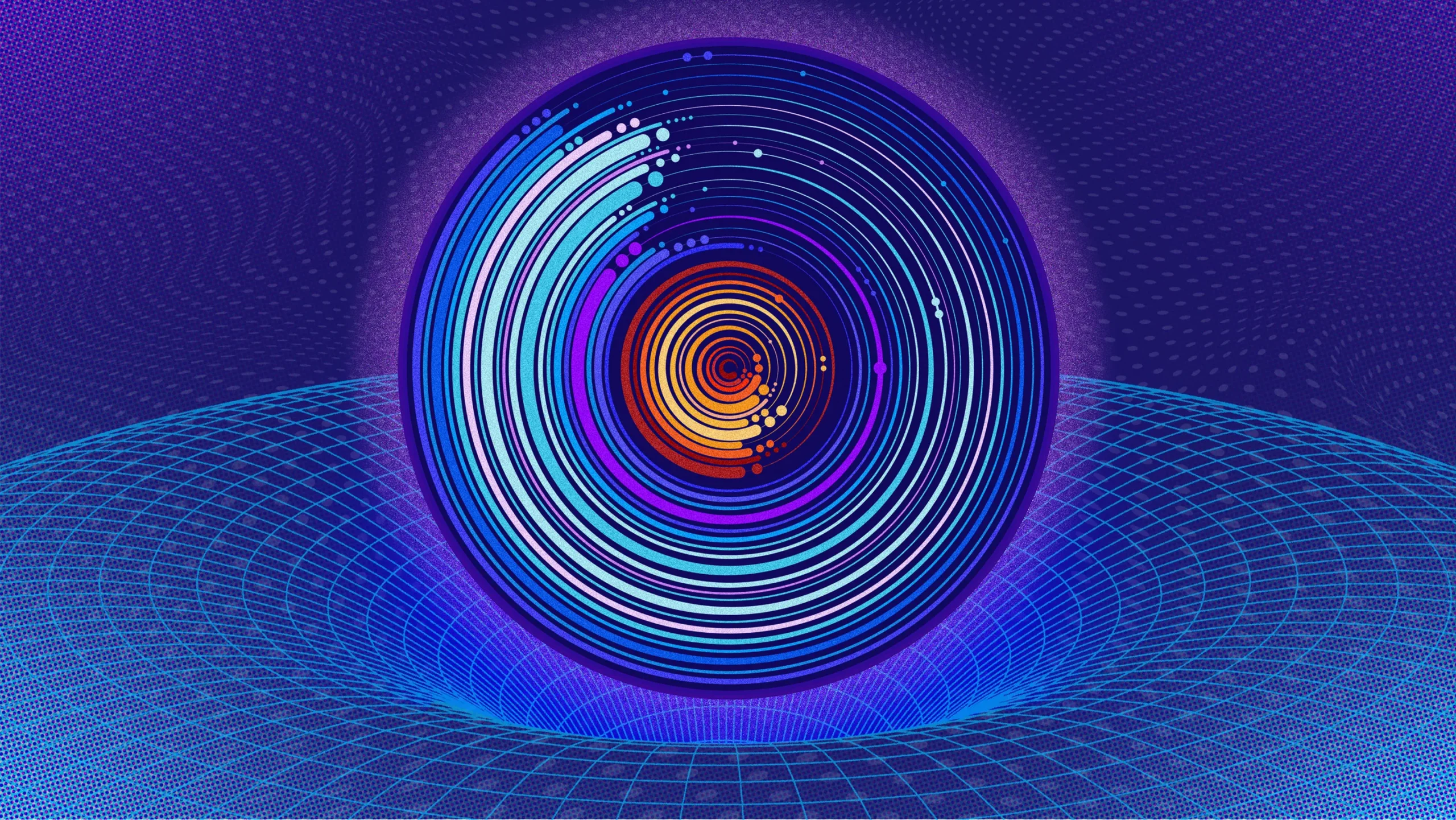 A disk features swirling red and orange lines in the central region and blue and pink lines nearer the edge. The disk appears to bend the space-time fabric around it.