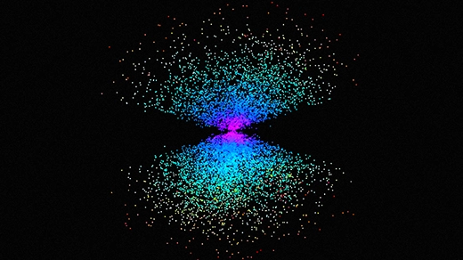 Two cone-shaped arrays of colored dots extend from a central vertex against a black background.