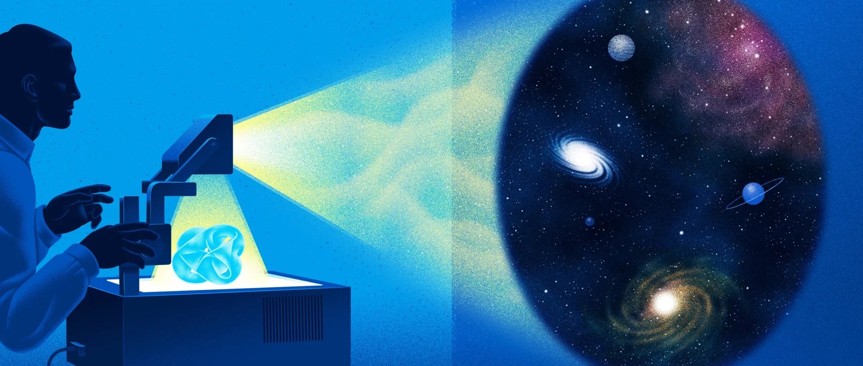 Illustration of a man adjusting an overhead projector that's illuminating a Calabi-Yau manifold and projecting an image of galaxies and planets.