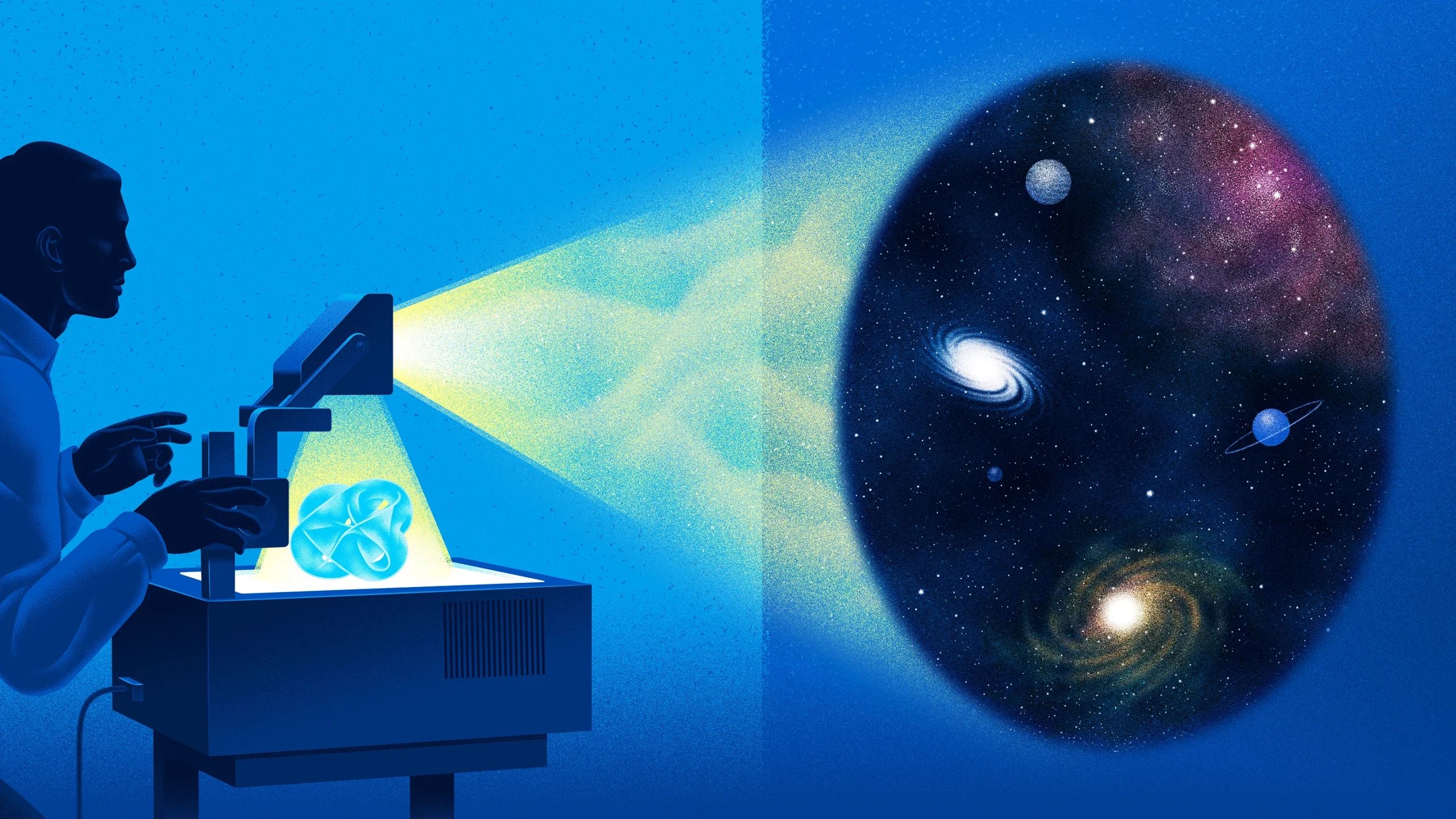 Illustration of a man adjusting an overhead projector that's illuminating a Calabi-Yau manifold and projecting an image of galaxies and planets.