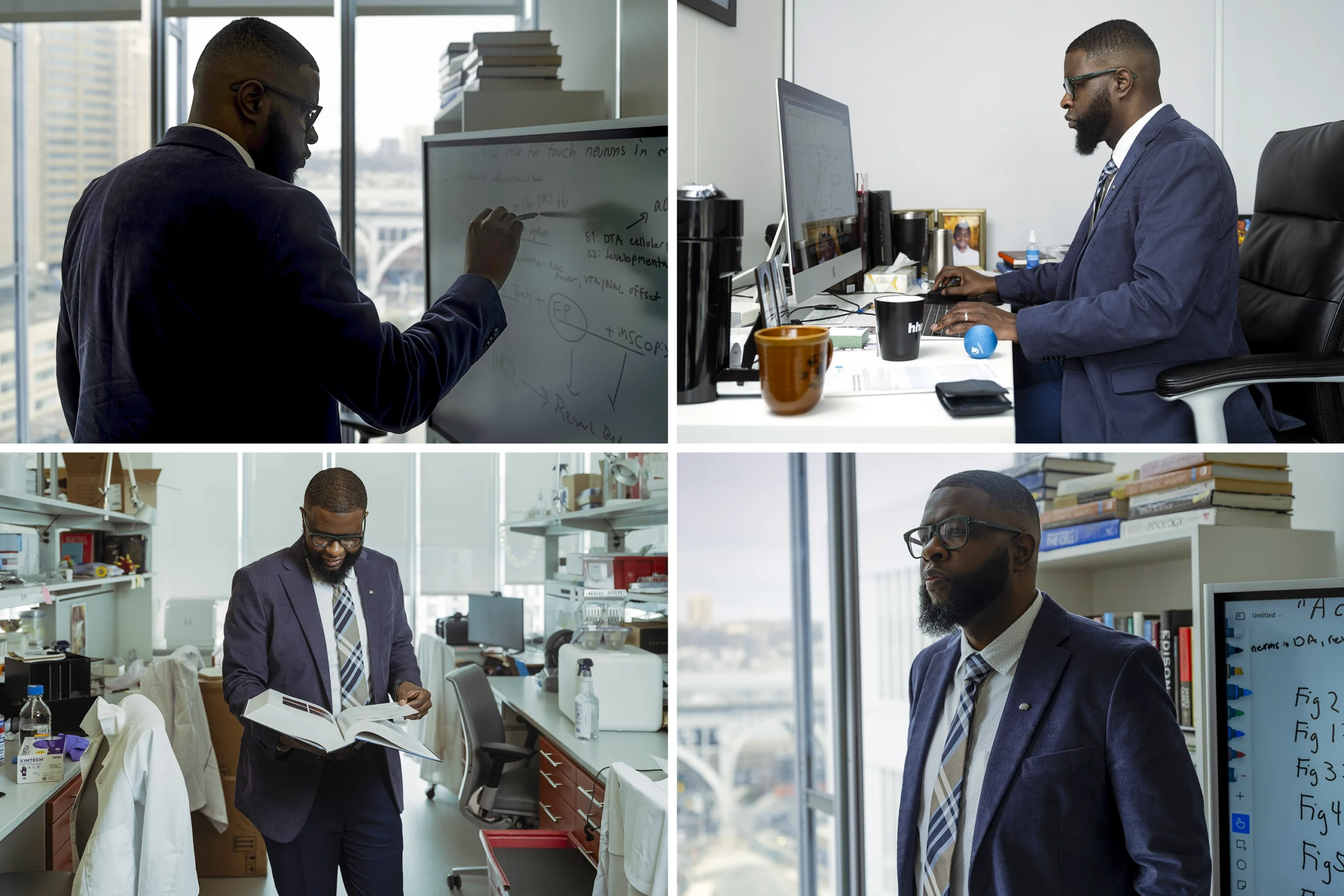 Four photos of neuroscientist Ishmail Abdus-Saboor of Columbia University at work: writing on a whiteboard in his office; typing on a desktop computer; reading from a thick book in his lab; and looking at something off camera.