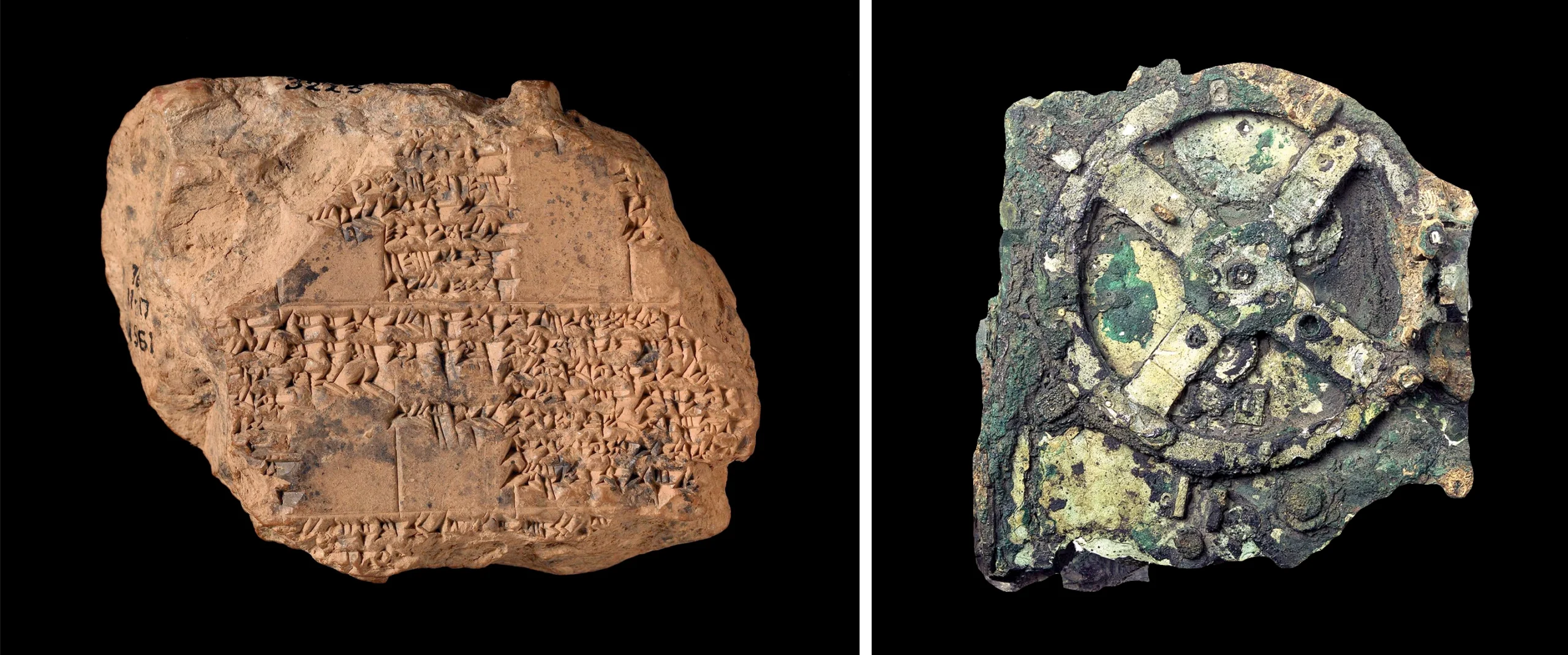 A diptych of photos showing a hunk of clay inscribed with ancient tex and a gearlike metal object.