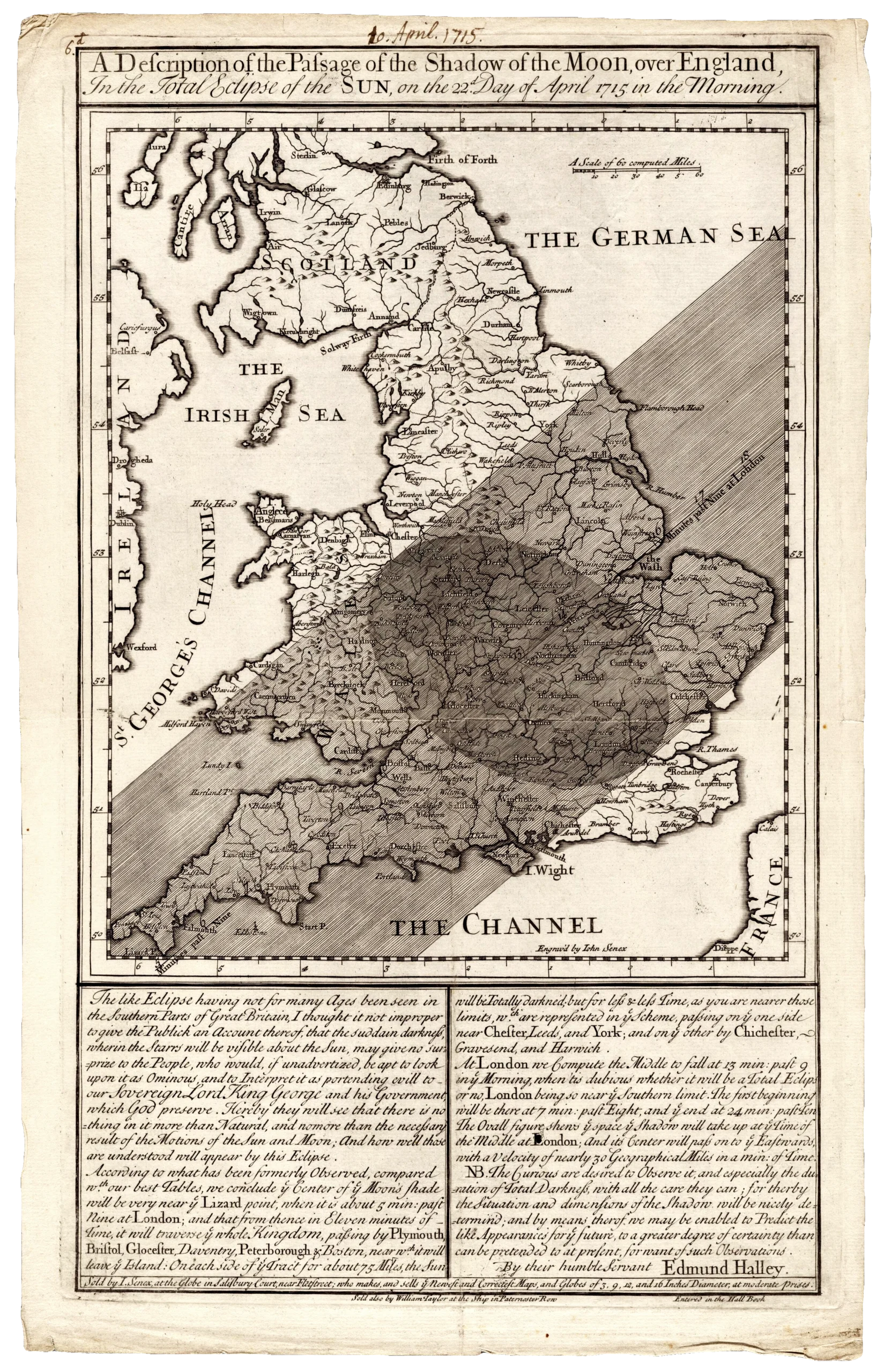 A newspaper page that reads “A Description of the Passage of the Shadow of the Sun Over England” at the top, featuring a map of England with a strip of shadow overlying it from the southwest to the northeast.