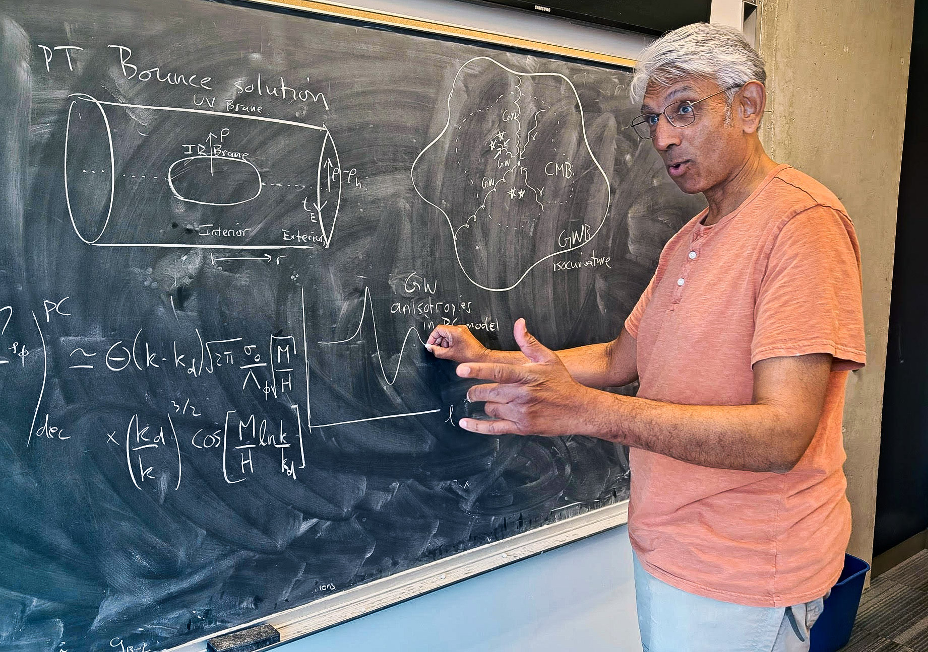 A man in an orange t-shirt is speaking and gesticulating in front of a blackboard.