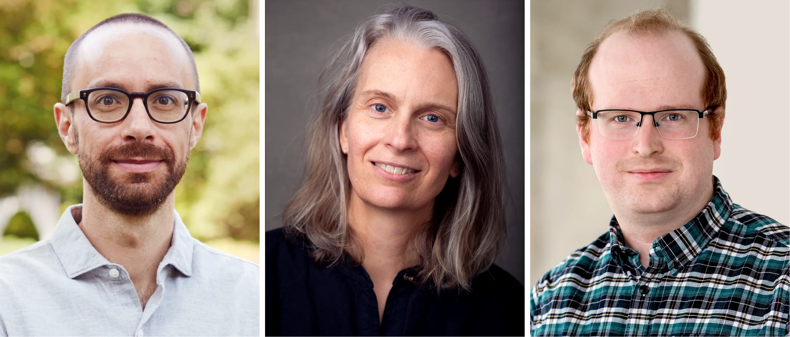 A triptych of portraits of Jeff Sebo, Kristin Andrews and Jonathan Birch.