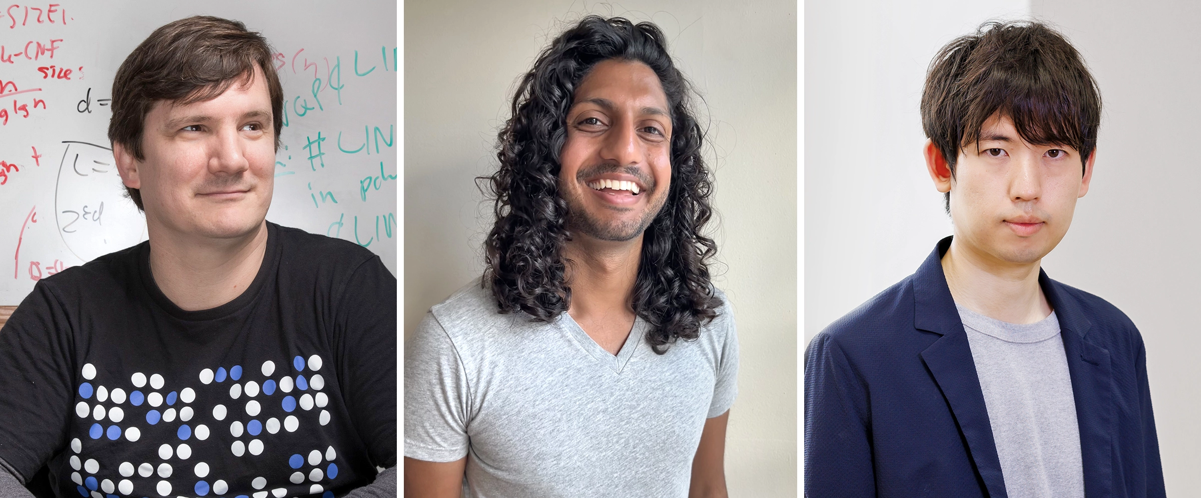 Ryan Williams seated in a black shirt in front of a whiteboard. Rahul Ilango standing in a gray shirt. Shuichi Hirahara standing in a gray shirt and blue jacket.