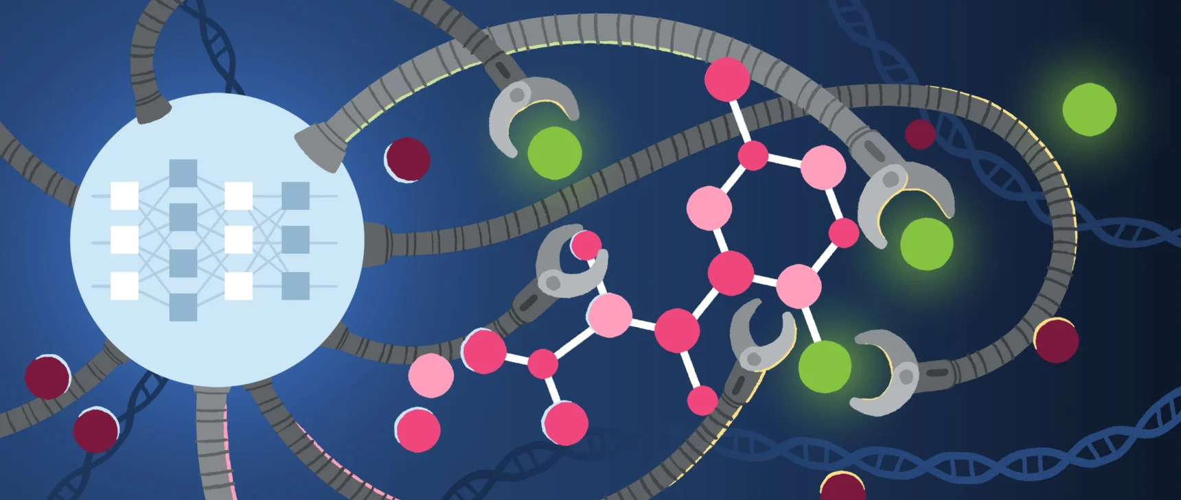 An illustration shows a many-armed computer, like an octopus, that is assembling a molecular structure using balls of many different colors