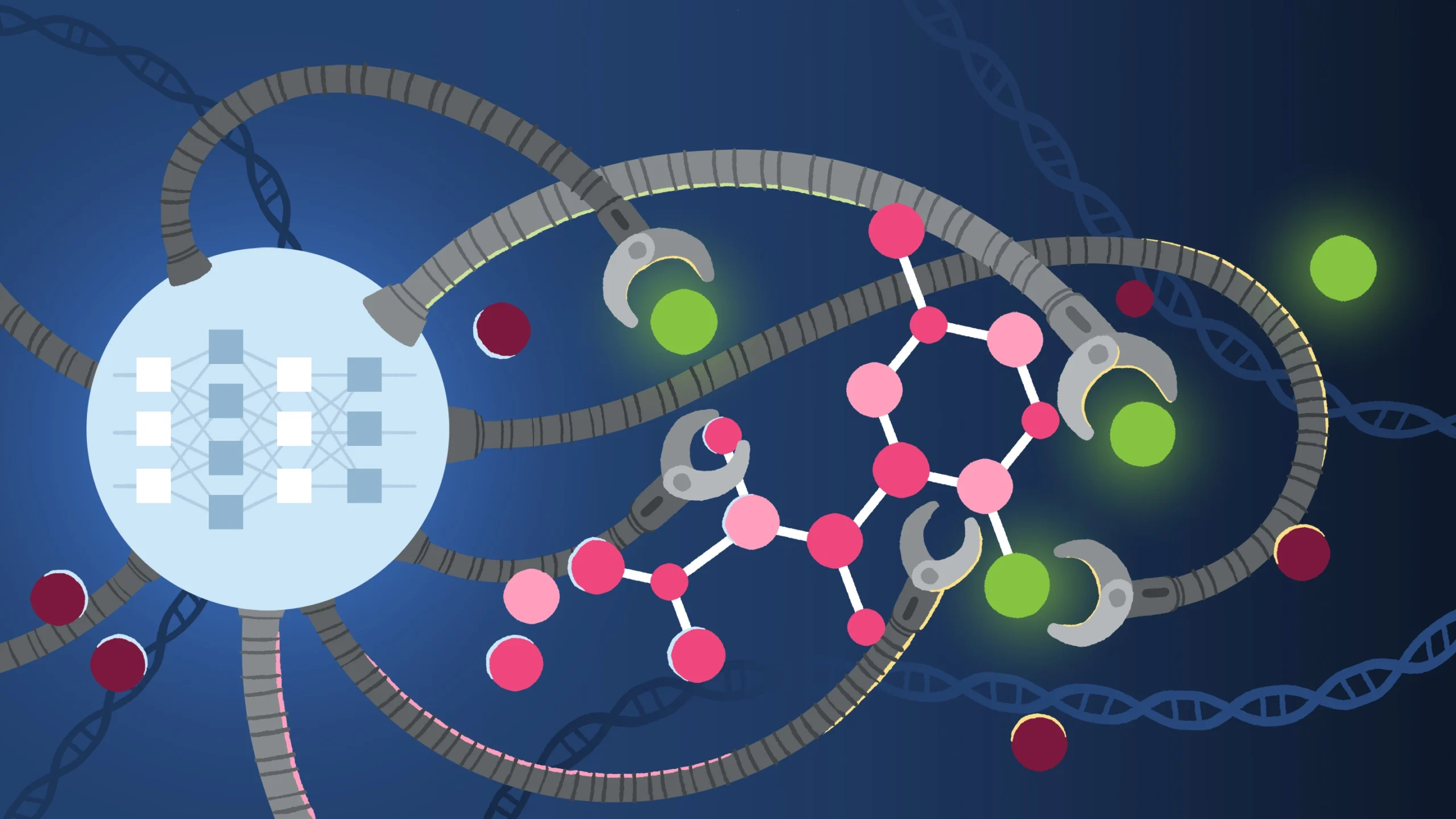 An illustration shows a many-armed computer, like an octopus, that is assembling a molecular structure using balls of many different colors.