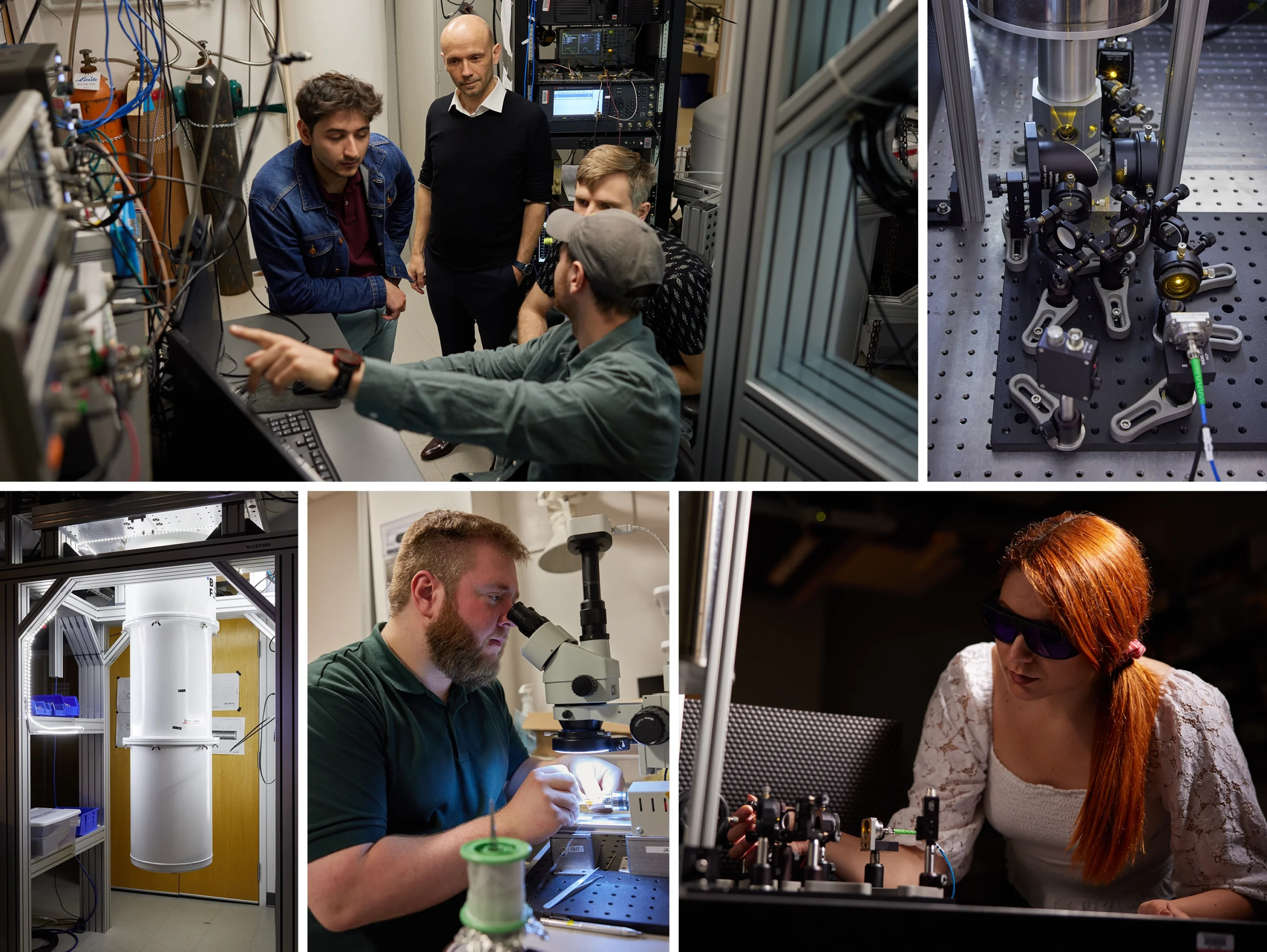 A collage of photos of Sushkov, his students and his lab equipment.