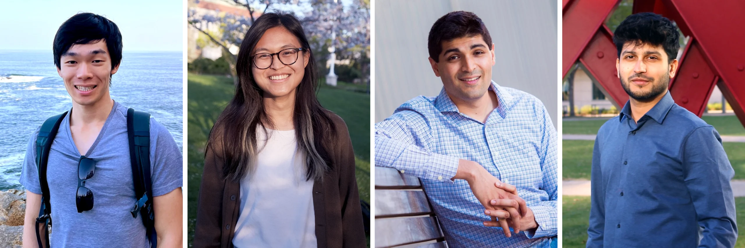 Ankur Moitra in a checkered shirt sits on a bench; Allen Liu in a blue T-shirt stands on rocks in front of water; Ewin Tang in a white shirt and black sweater stands outside; Ainesh Bakshi in a blue shirt stands in front of a red, metal sculpture