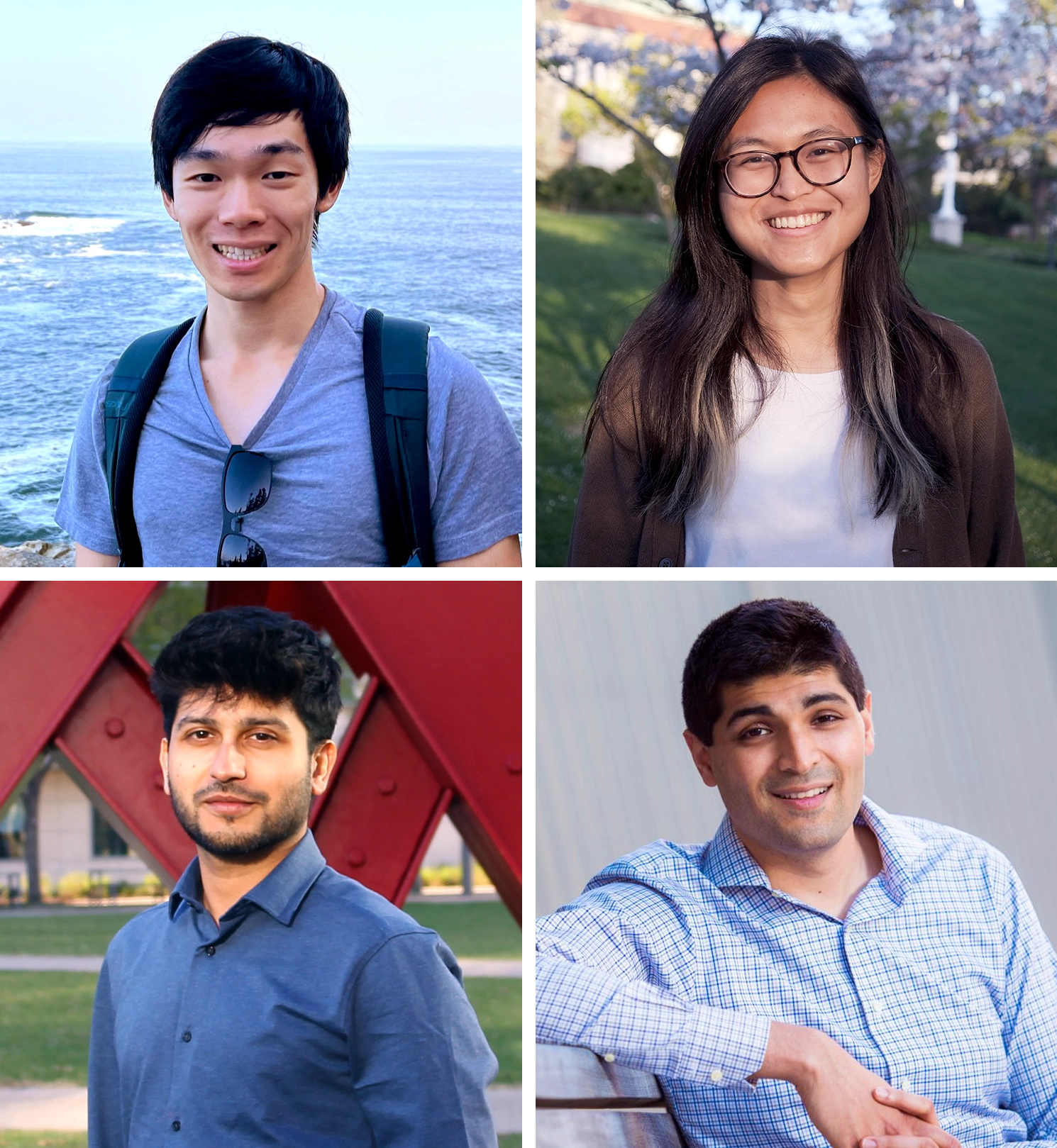 Ankur Moitra in a checkered shirt sits on a bench; Allen Liu in a blue T-shirt stands on rocks in front of water; Ewin Tang in a white shirt and black sweater stands outside; Ainesh Bakshi in a blue shirt stands in front of a red, metal sculpture