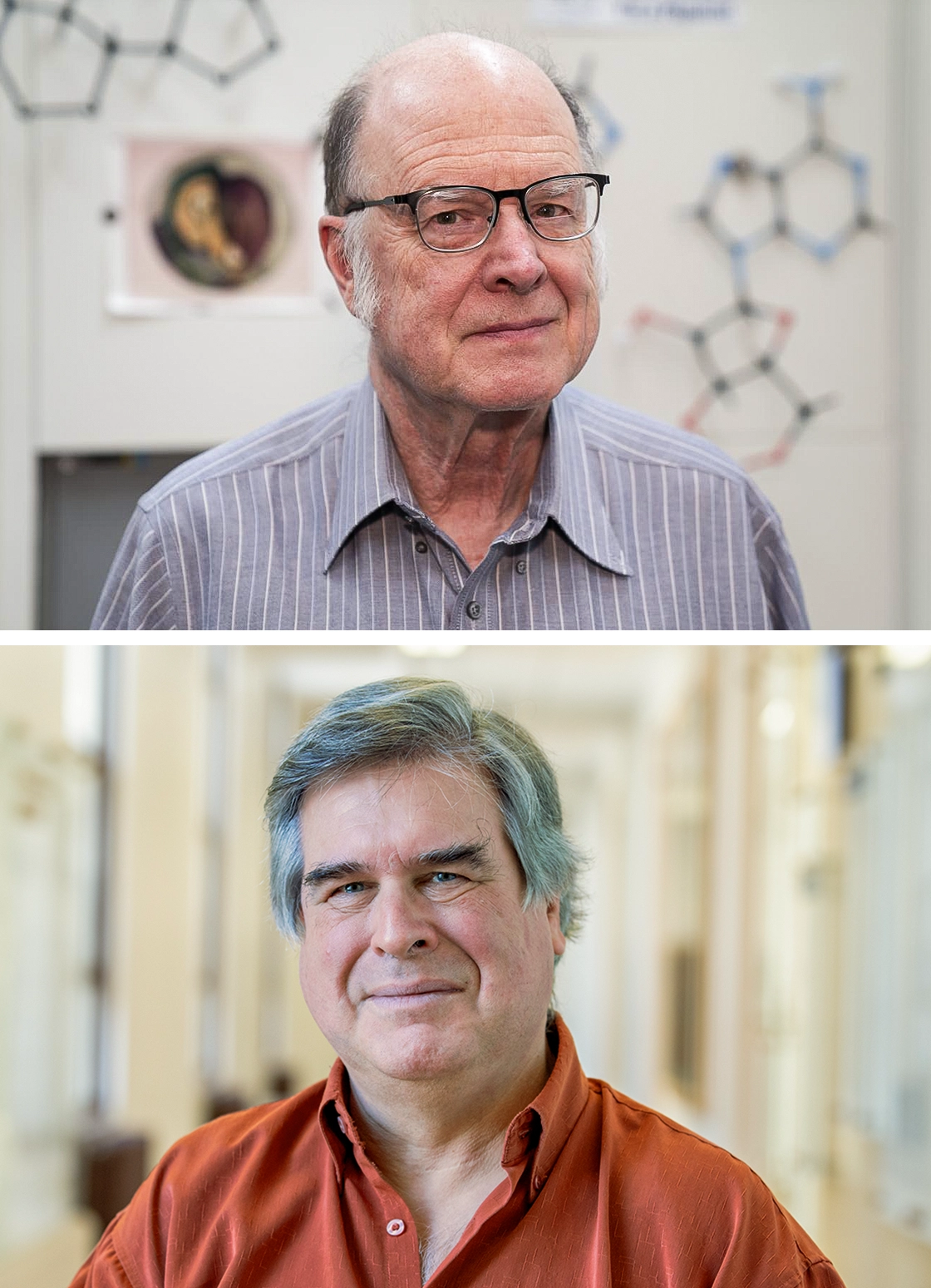 Charles Bennett in a striped shirt in front of molecular structures. Gilles Brassard in an orange shirt indoors with a blurry background.