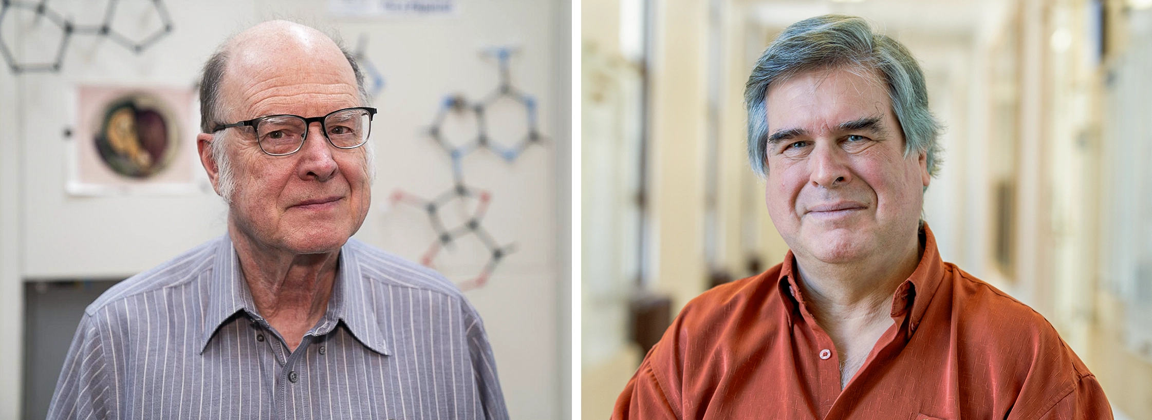 Charles Bennett in a striped shirt in front of molecular structures. Gilles Brassard in an orange shirt indoors with a blurry background.