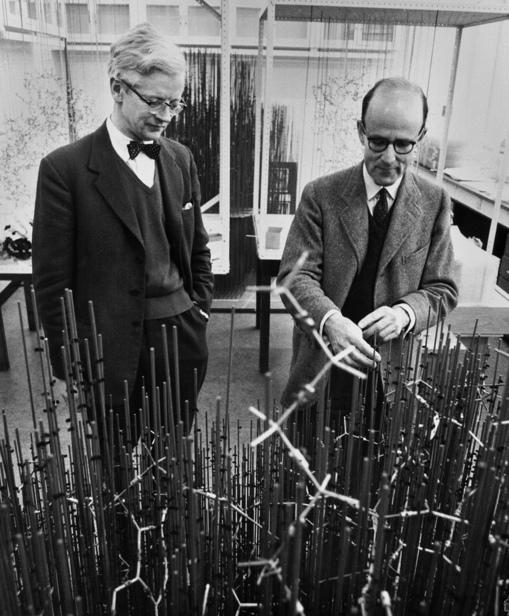 Two men stand over a physical protein model with many rods pointing upward, onto which they attach balls and sticks to create a 3D structure.