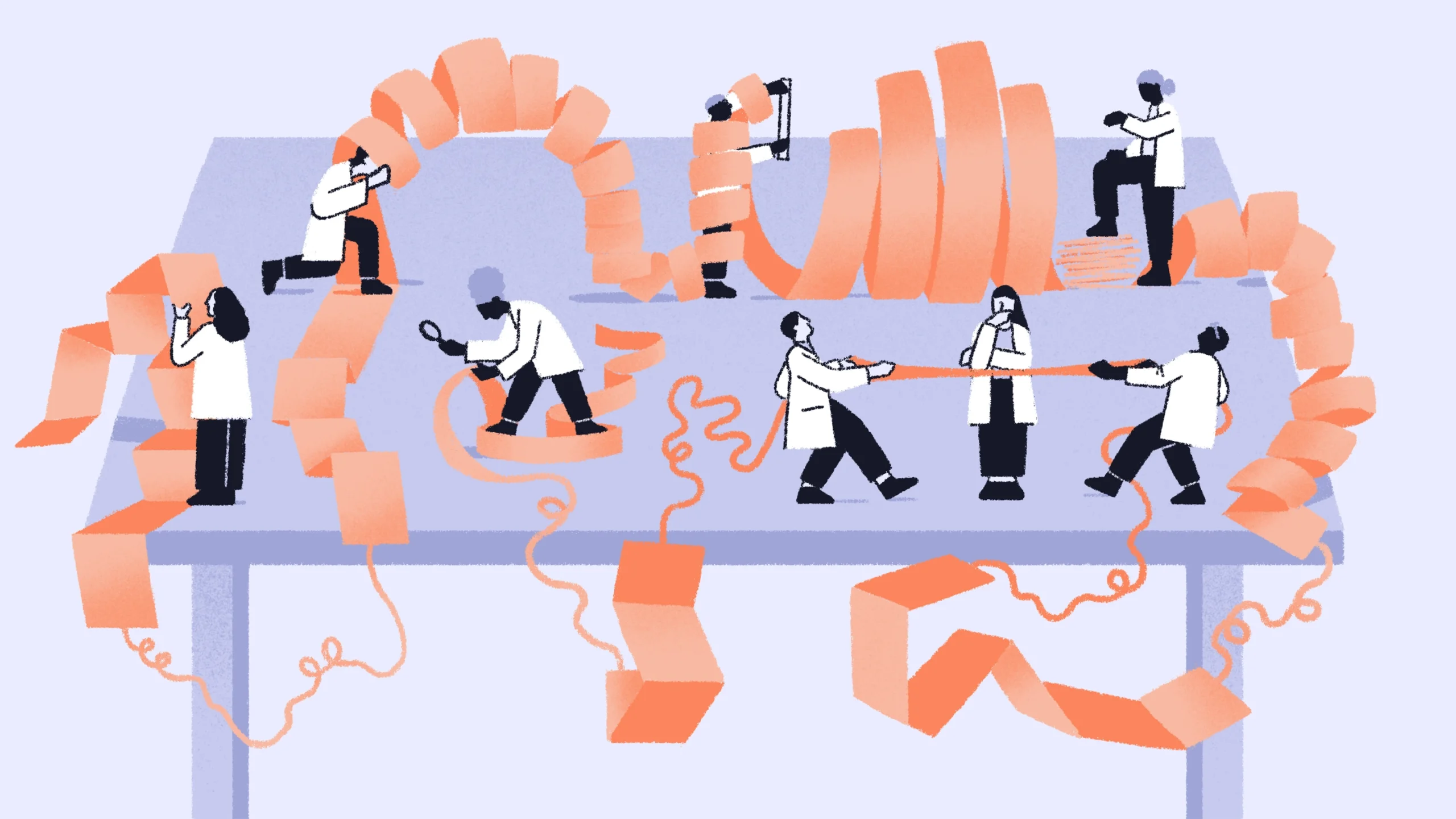 An illustration shows a number of people in lab coats studying a very long piece of paper that is folded in some sections and coiled in others.