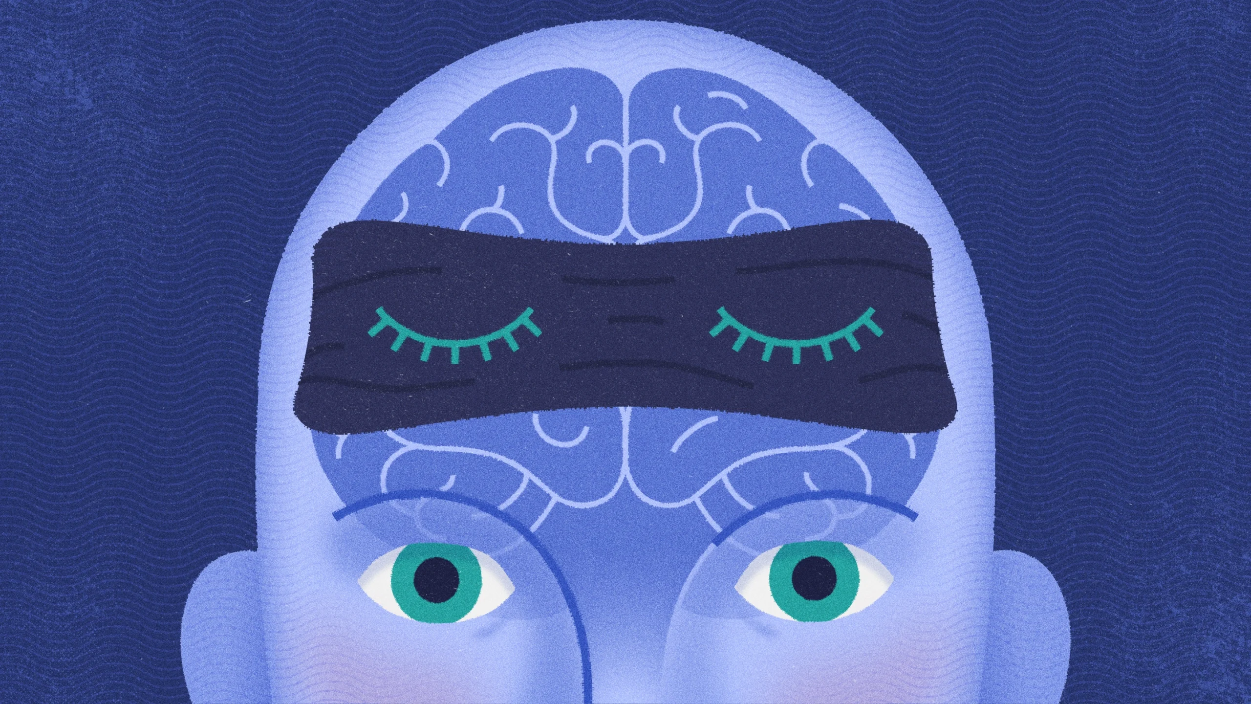 An illustration shows a person’s head. Inside, their brain is wearing a blindfold.