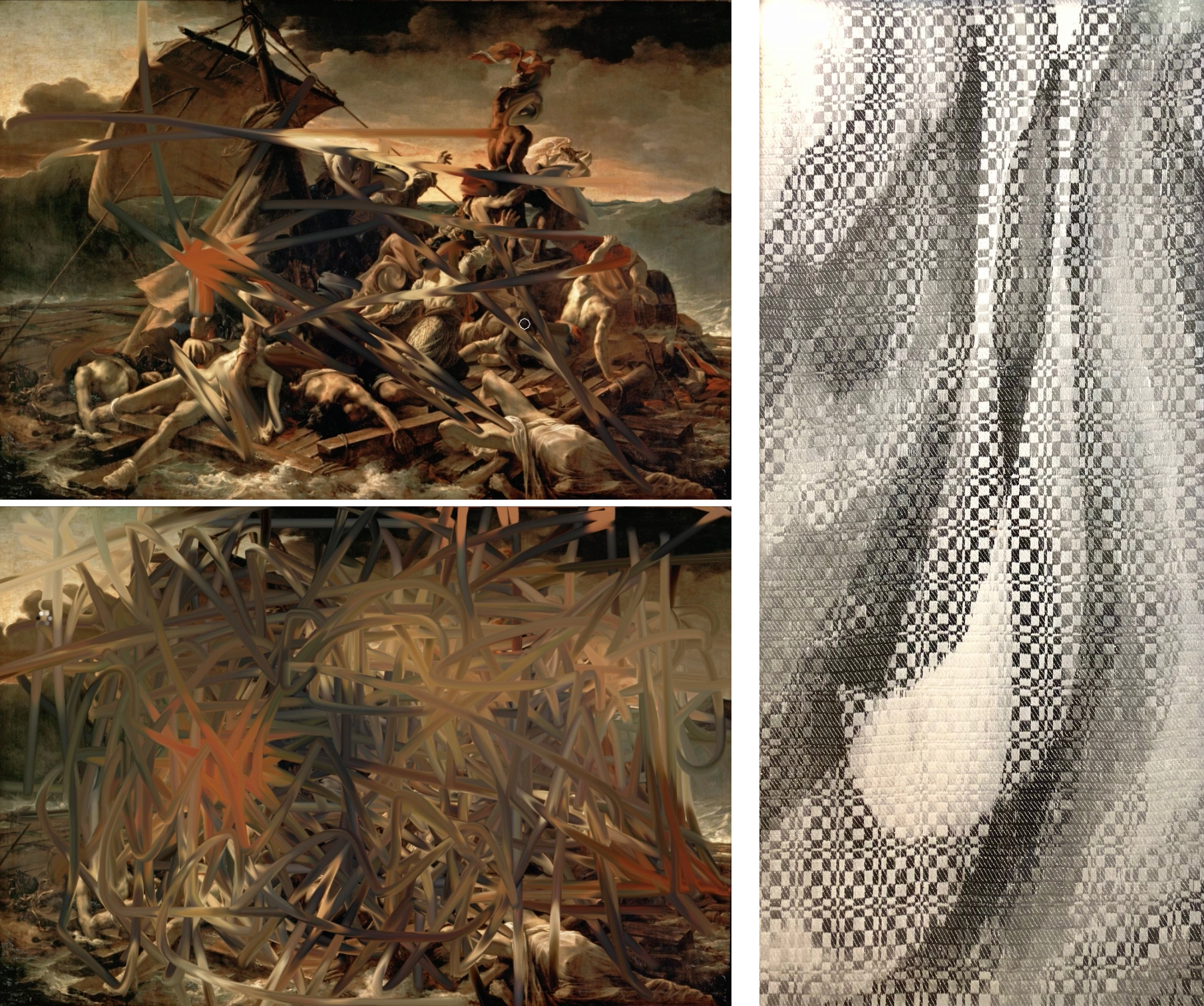 Two pieces of artwork. (left) A famous painting is partially painted over. (right) A complex grid is woven into fabric.