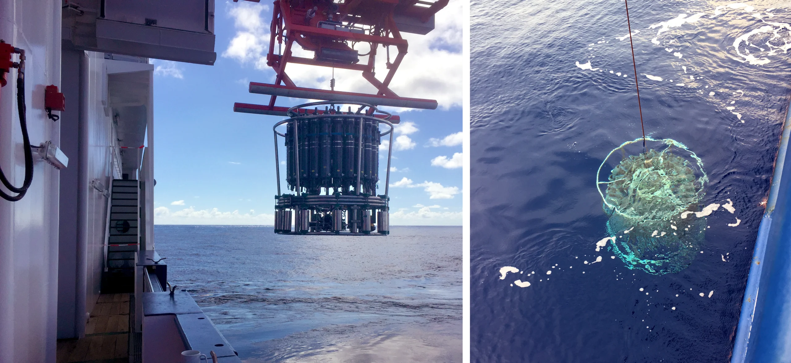 A CTD rosette hangs off the side of a ship. It consists of a bundle of individual bottles that can be individually sealed and unsealed.