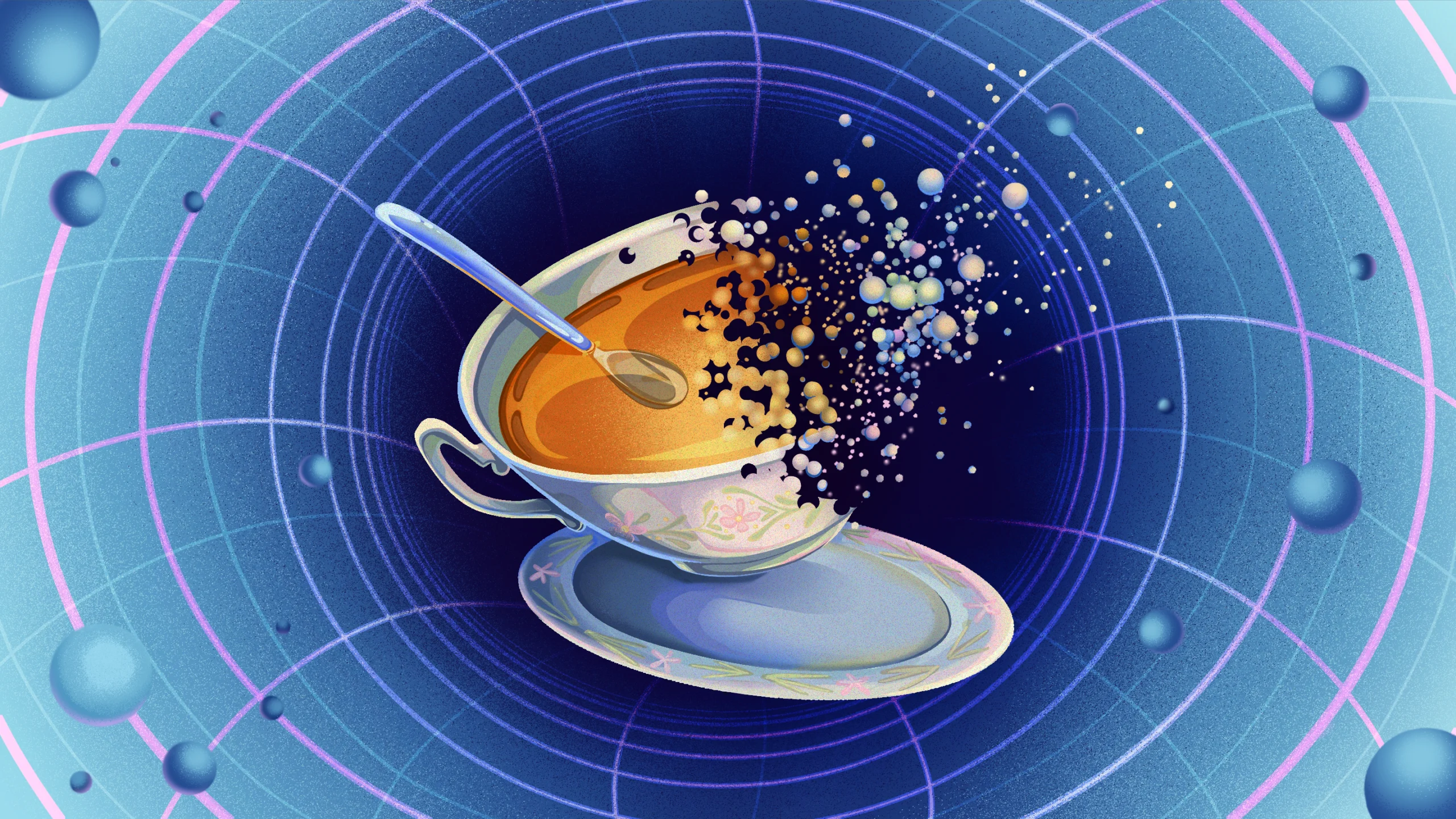 Illustration of a cup of tea dissolving into bits in front of a dark abyss.