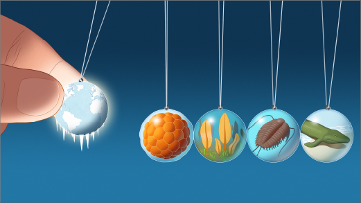 A series of marbles, each containing an illustration, hang suspended in a row, suggesting a chain reaction from left to right. From left: an image of a frozen “Snowball Earth” planet; a clump of cells; frondlike animal life; a trilobite; and a primitive four-legged animal.