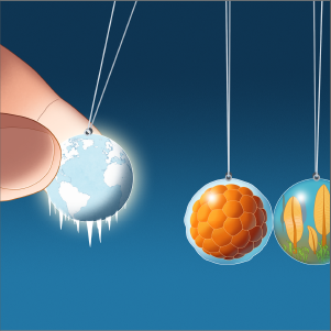 A series of marbles, each containing an illustration, hang suspended in a row, suggesting a chain reaction from left to right. From left: an image of a frozen “Snowball Earth” planet; a clump of cells; frondlike animal life; a trilobite; and a primitive four-legged animal.