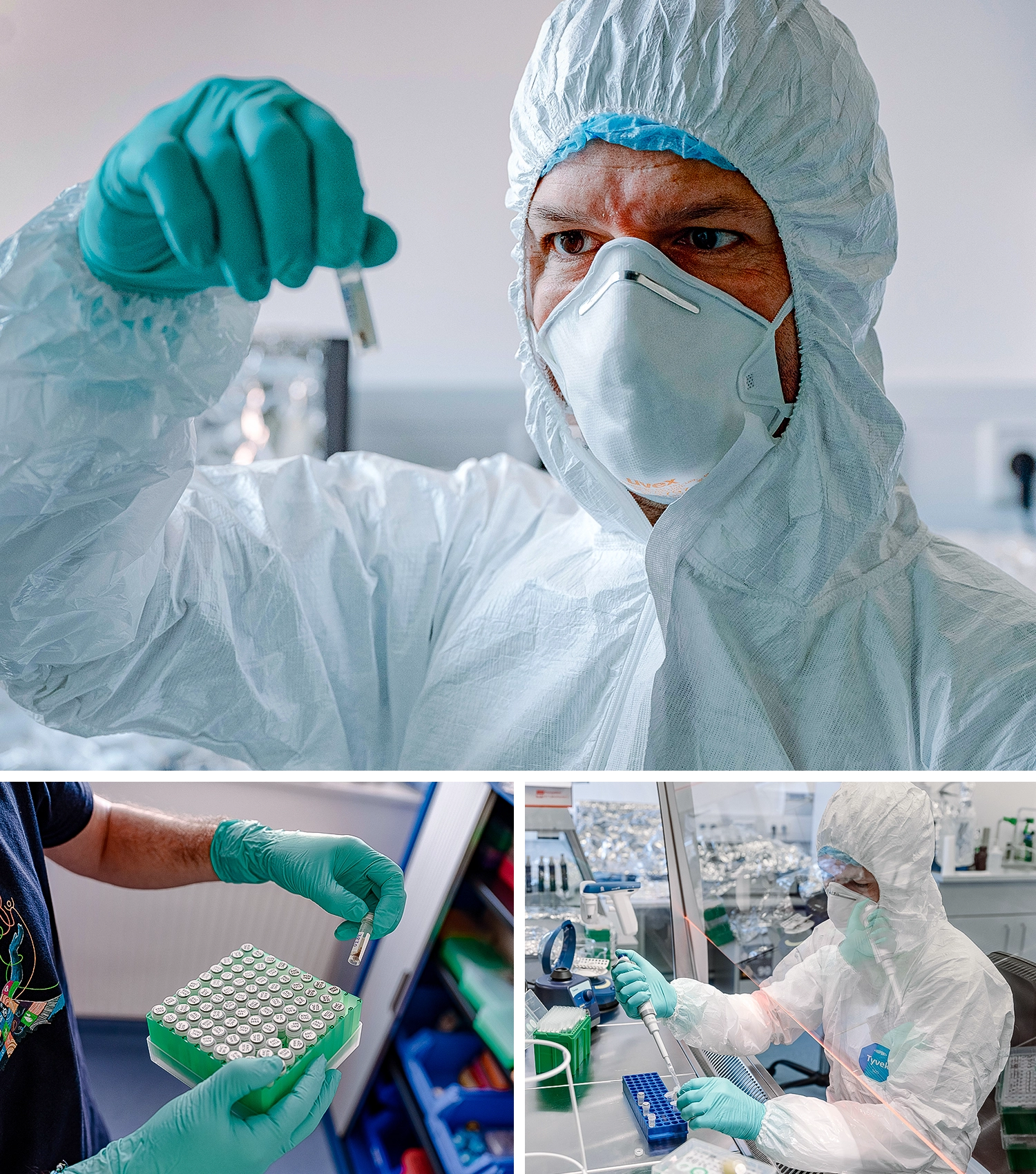 Sébastien Calvignac-Spencer wears head-to-toe protective gear, including a white hood and face mask. He holds a vial of viral RNA in the lab.