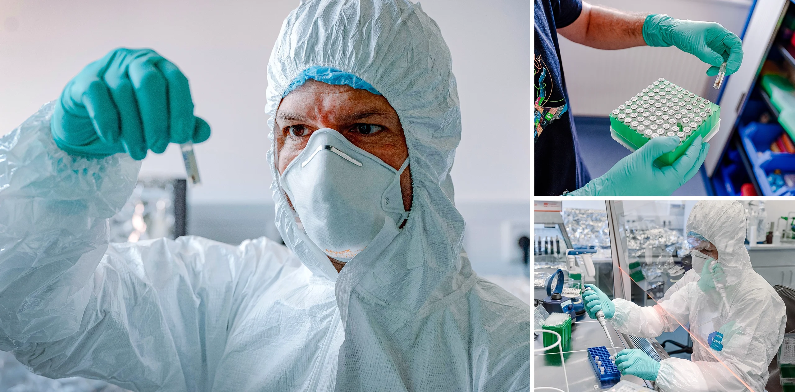 Sébastien Calvignac-Spencer wears head-to-toe protective gear, including a white hood and face mask. He holds a vial of viral RNA in the lab.