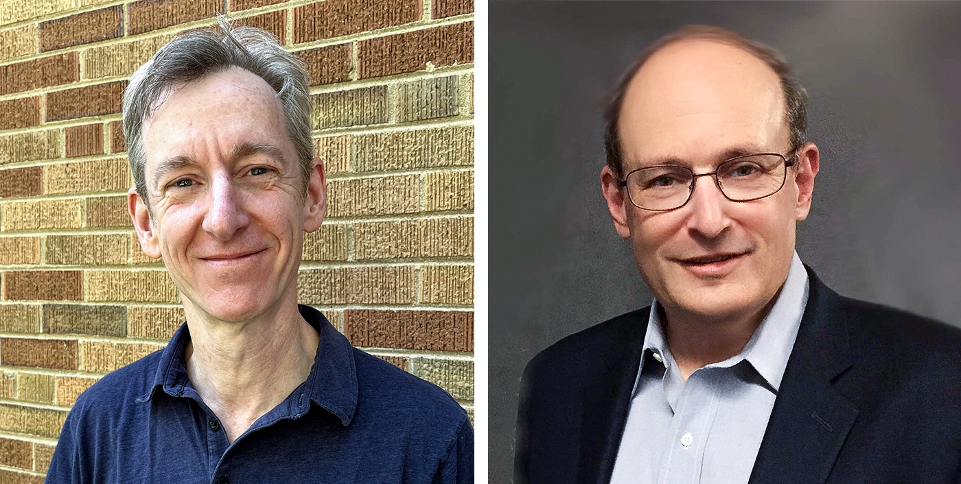 A diptych of photos, one showing a thin man with gray hair leaning against a brick wall, the other, a man in a suit jacket against a dark background.