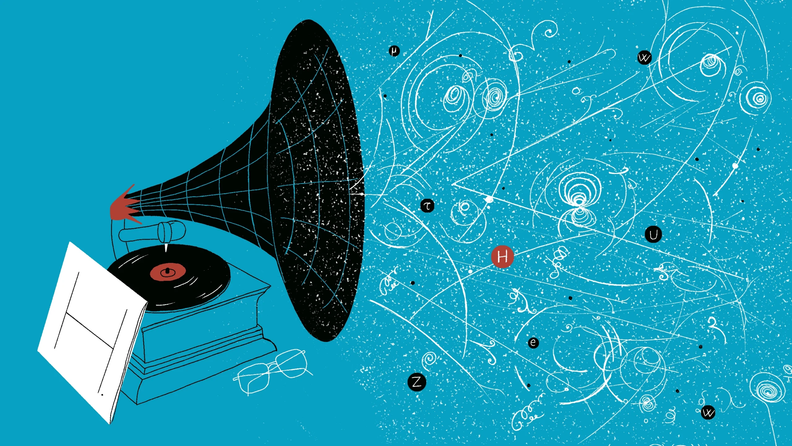 Illustration of a gramophone with particles flying out of it.