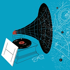 Illustration of a gramophone with particles flying out of it.