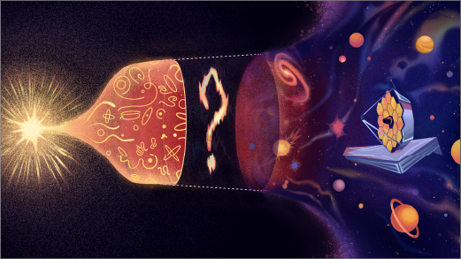 The universe expands from a point on the left side of the illustration and grows wider toward the right. But there’s a question mark stamped in the middle, and the gold hexagonal mirrors of the James Webb Space Telescope floating at the right edge.