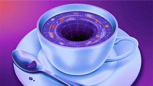 An illustration of a cup of tea with a black hole in the middle of the swirling fluid.