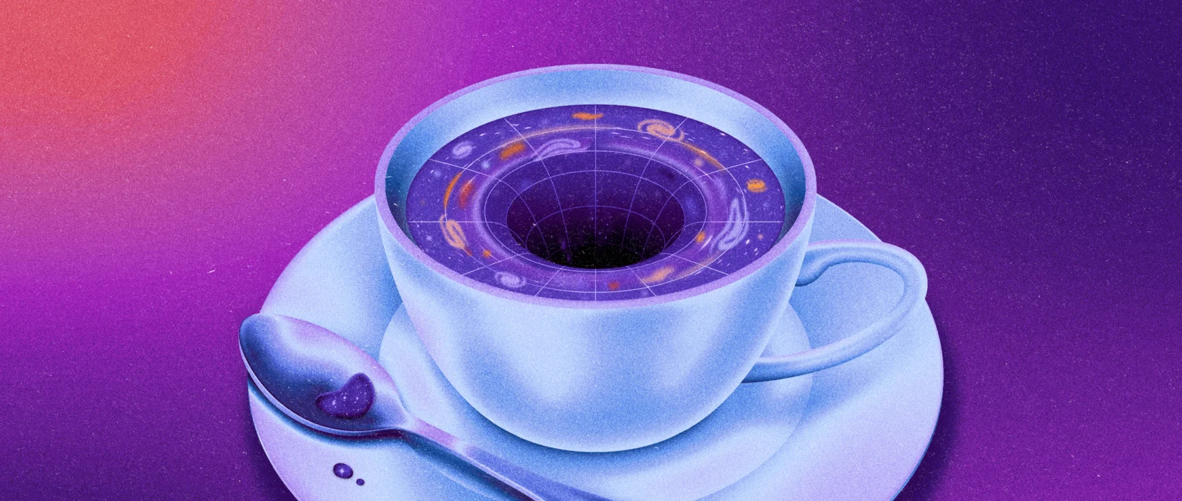 An illustration of a cup of tea with a black hole in the middle of the swirling fluid.