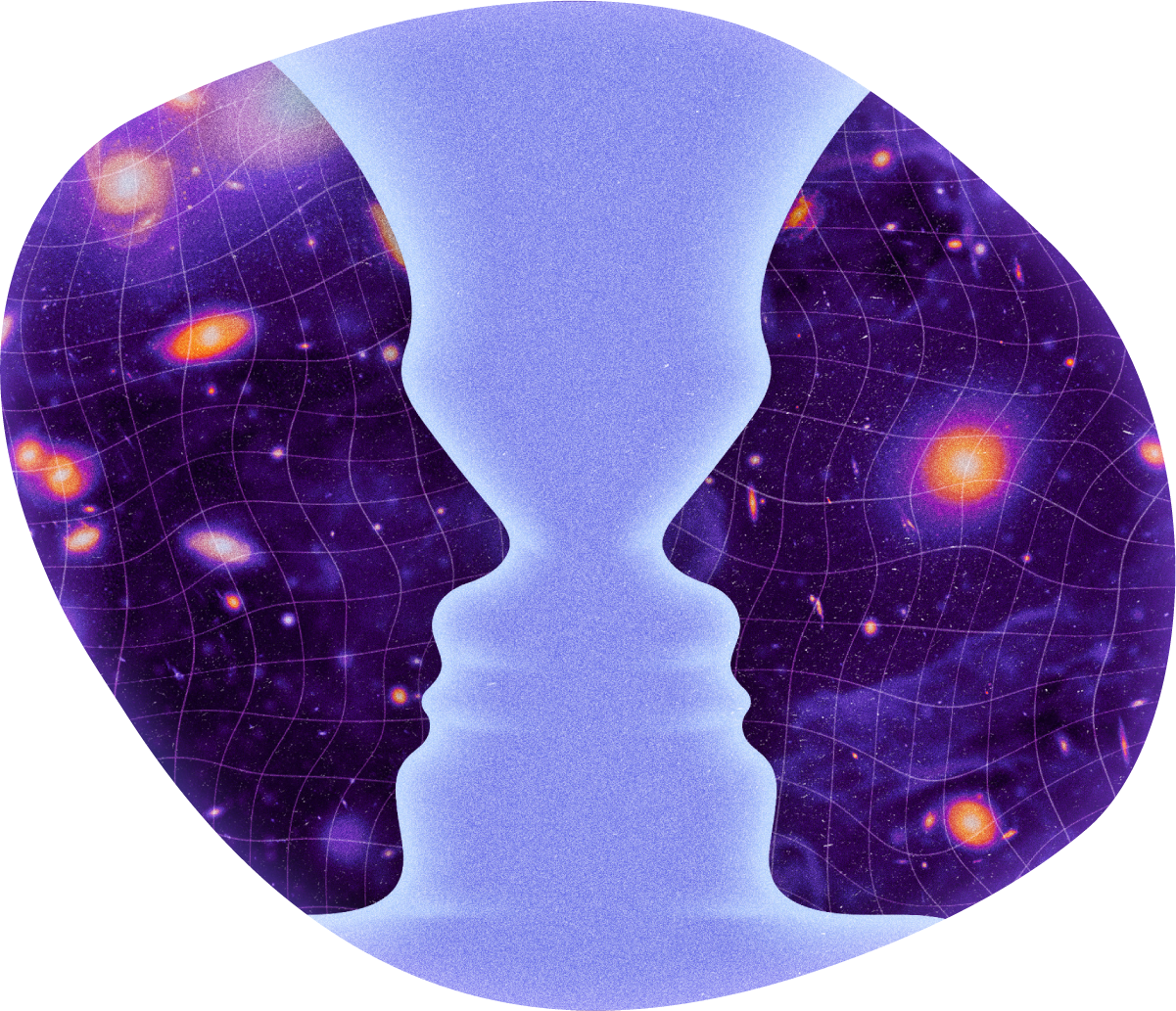 Circular crop of two silhouettes facing each other, decorated with stars, form the shape of a vase in between.