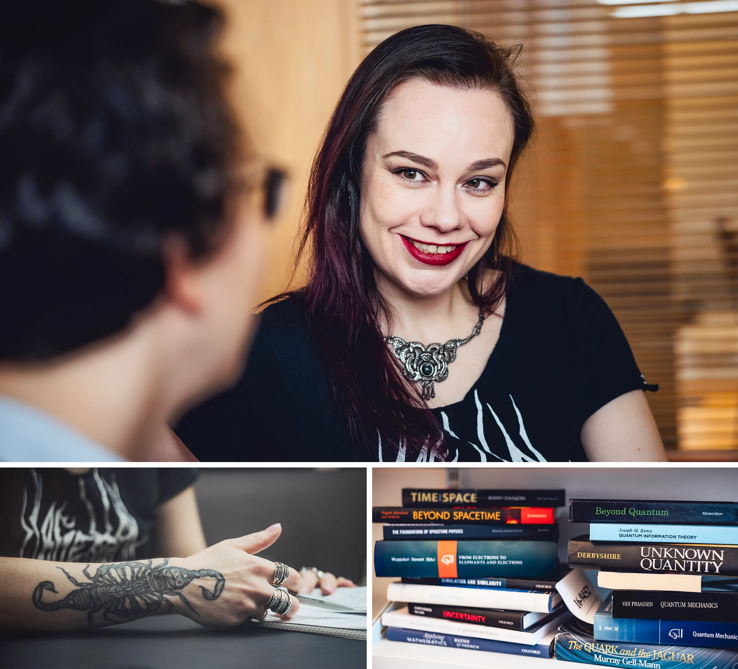 A triptych of photos including one of Crowther chatting with a colleague, a close-up of her arm tattoos, and a view of books on her bookshelf, including one titled Beyond Spacetime.